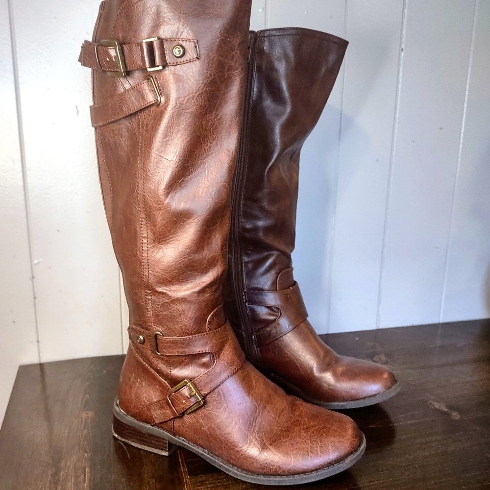 G by Guess Hawk Brown Faux Leather Knee High Riding Boot
